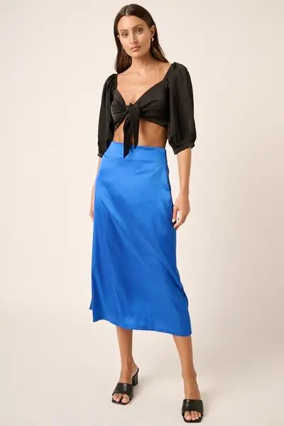 Blue Side Slit Satin Midi Skirt