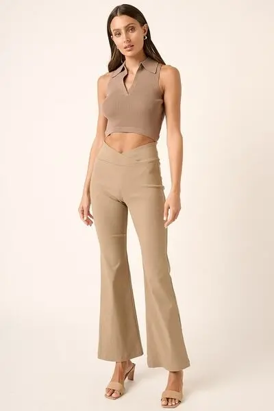 Surplice V Waist Flare Pants - Mocha