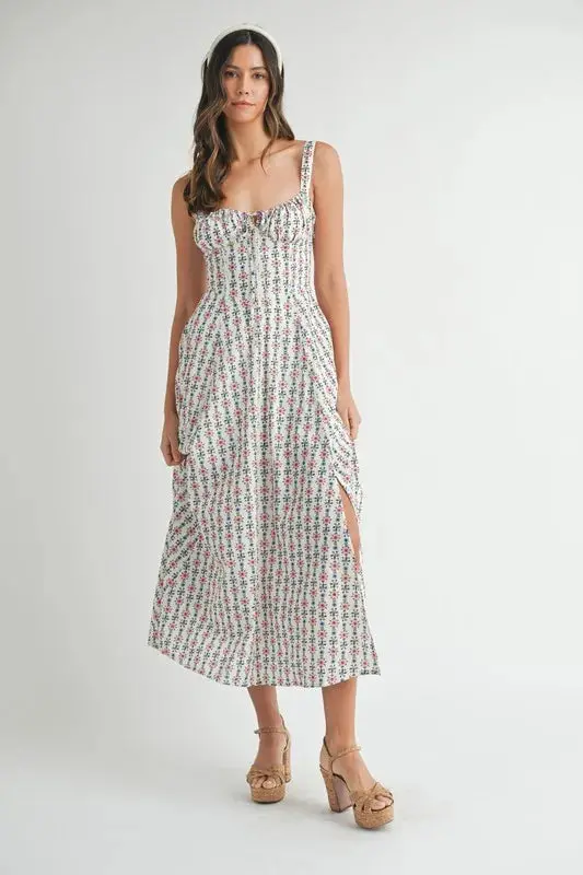 Floral Print Bustier Back Lace Up Midi Dress