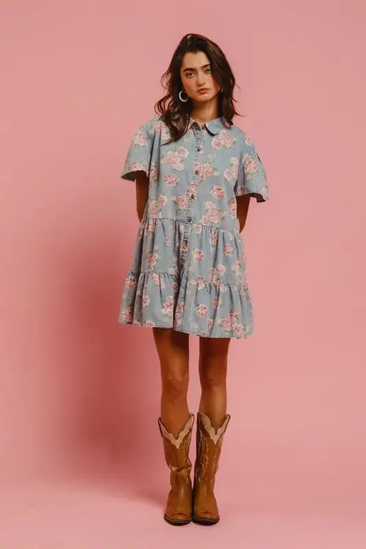 Floral Print Washed Lightweight Tiered Shirt Dress