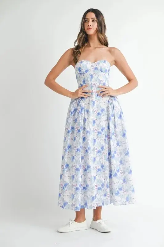 Sweetheart Neckline Floral Printed Midi Dress