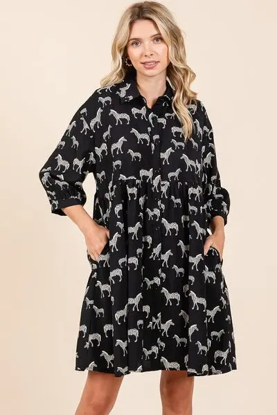 Zebra Print Button Down Shirt Mini Dress