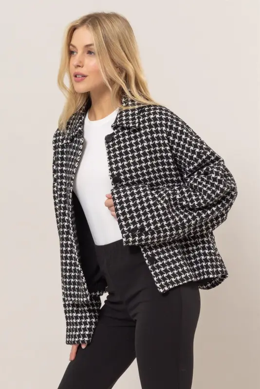 Tweed Plaid Button Up Collared Neck Jacket online