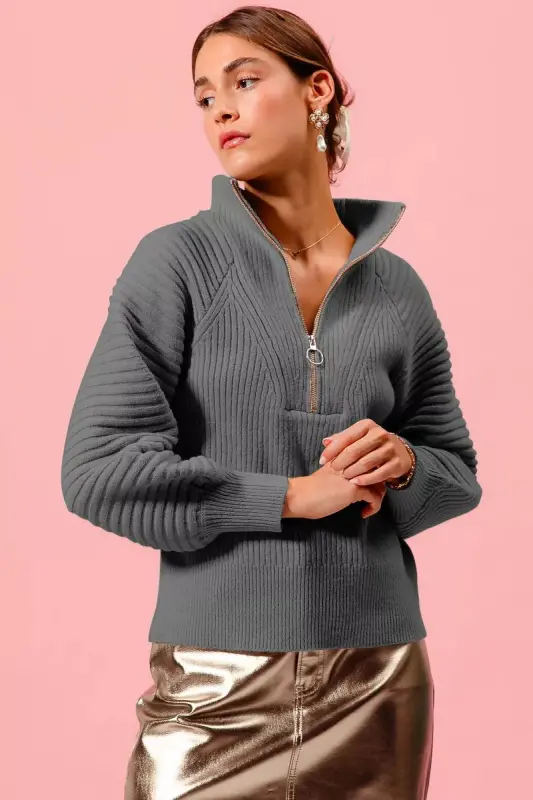 Half Zip Balloon Sleeves Ribbed Sweater